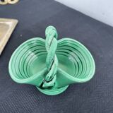 Vintage, woven basket, green, glazed earthenware, grooves, stylized, décor, French decoration, Fran