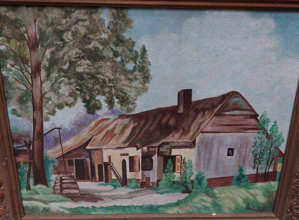 Oil on house mounted panel on the edge of the woods