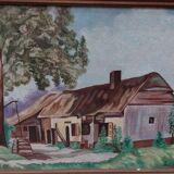 Oil on house mounted panel on the edge of the woods