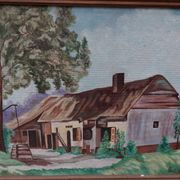 Oil on house mounted panel on the edge of the woods