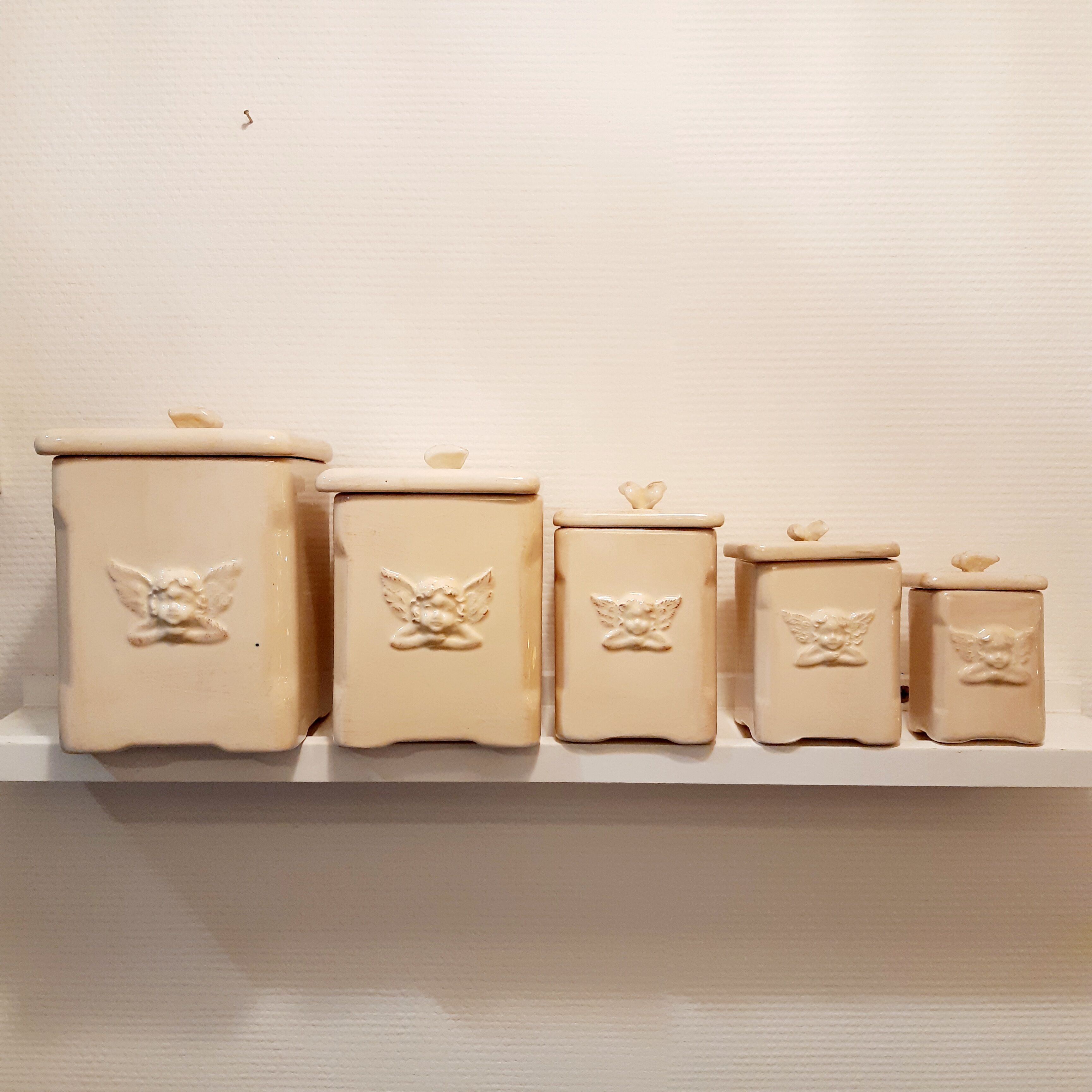5 jars ceramic spices vintage angel