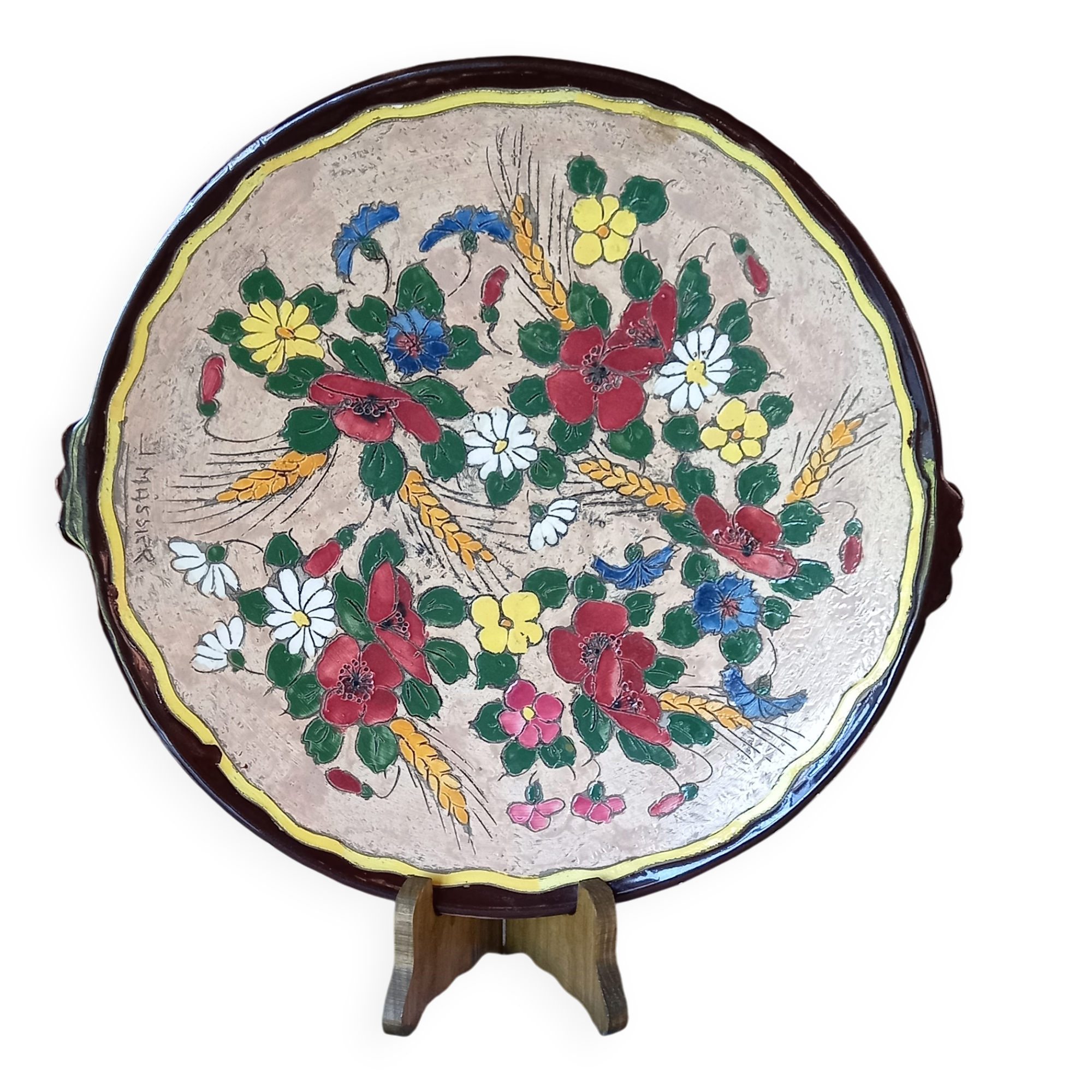 Ceramic plate Jérôme Massier Vallauris 1932-1935 cloisonné flower decoration