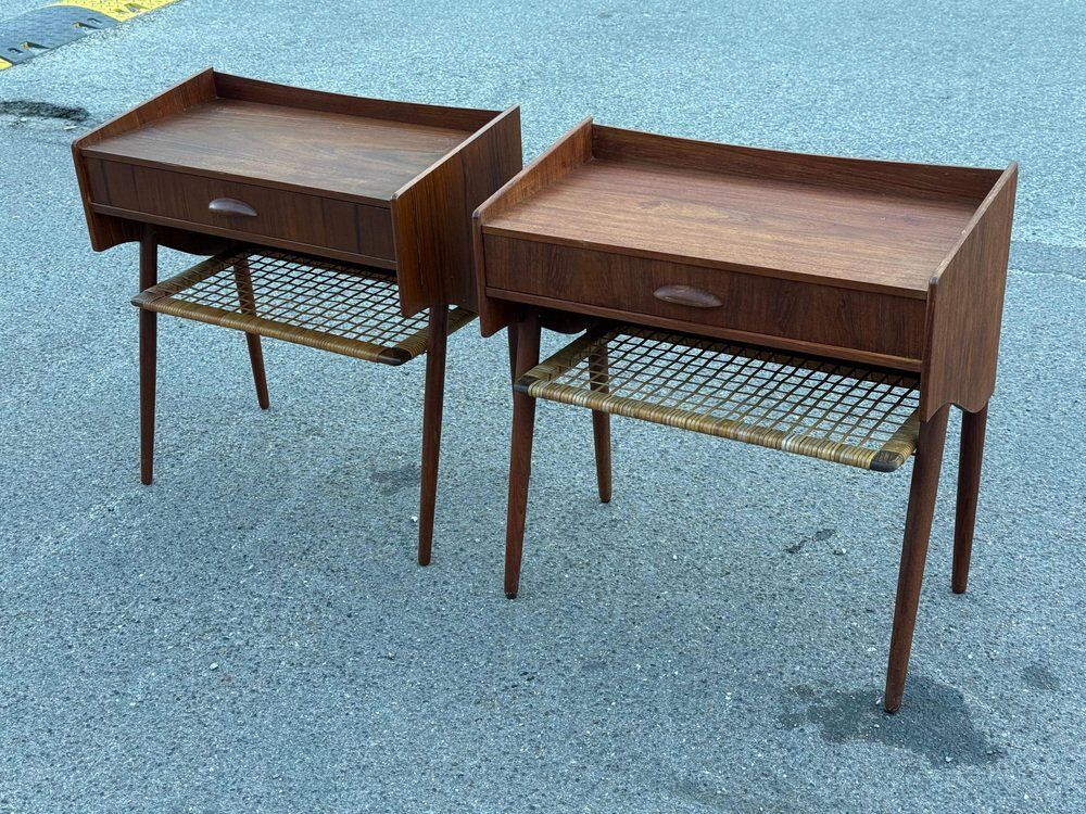 Modernist Danish teak bedside tables with rattan shelves, set of 2