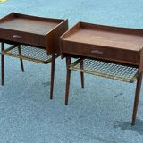 Modernist Danish teak bedside tables with rattan shelves, set of 2