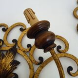 Large pair of Italian wall sconces in gilded wrought iron, 3 lights. 50