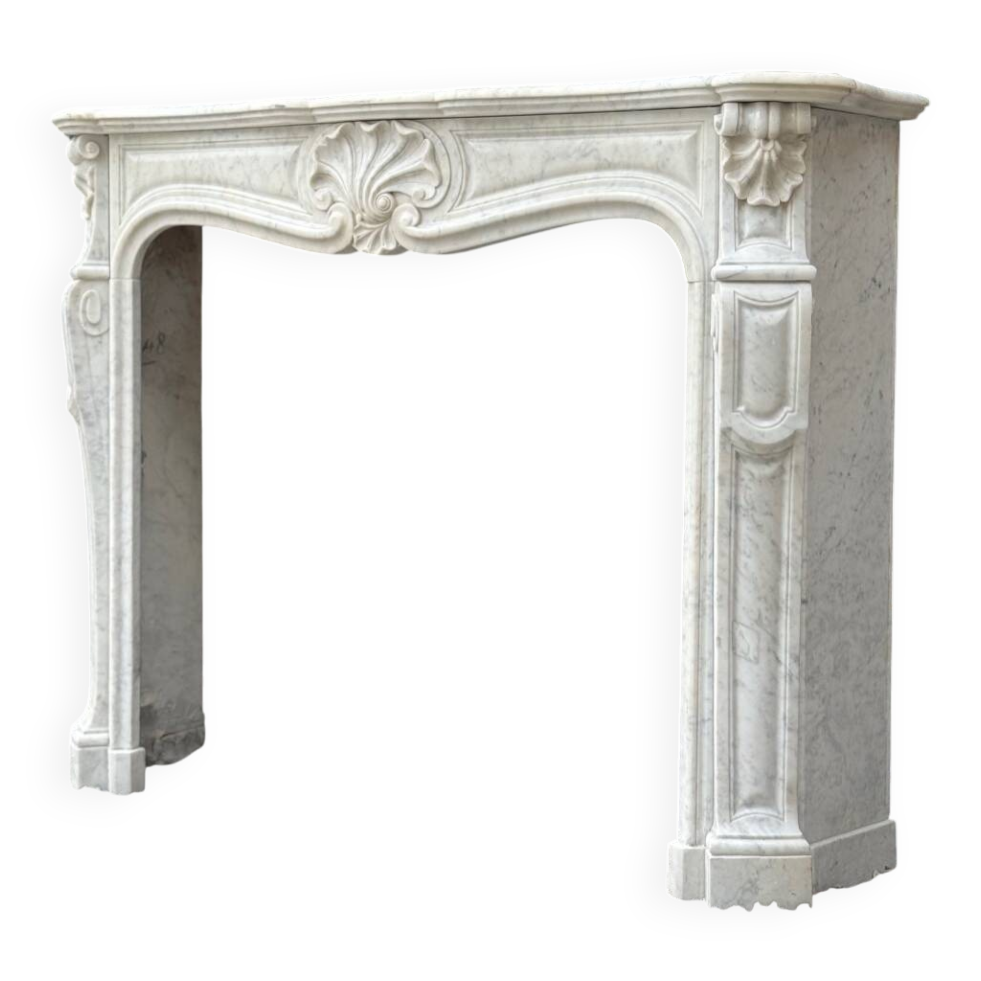Louis XV style fireplace in white Carrara marble, circa 1880