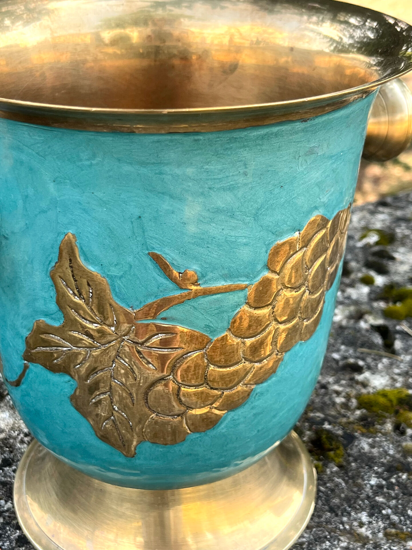 Vintage cloisonne brass champagne bucket with turquoise grape design