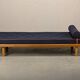 Scandinavian Daybed in Oak and dark Blue bouclé fabric with Leather accents