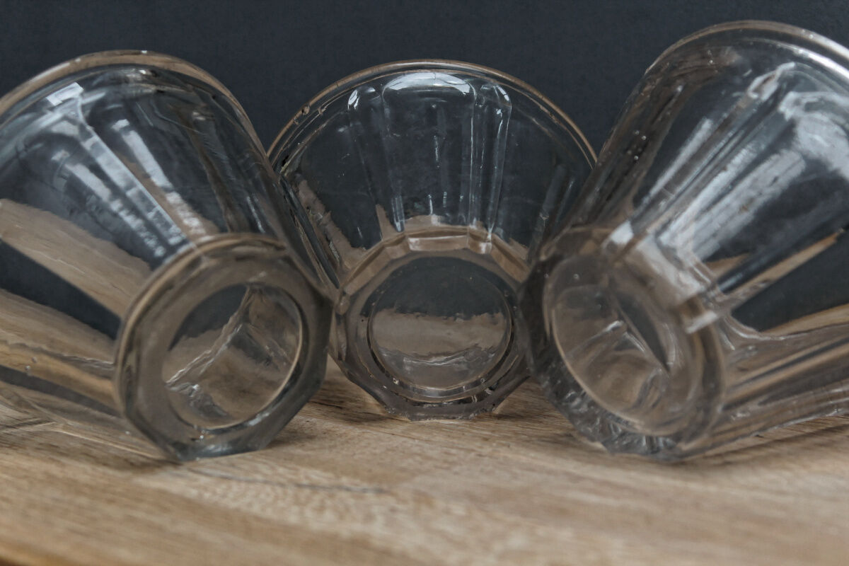 3 conical jam jars, blown glass