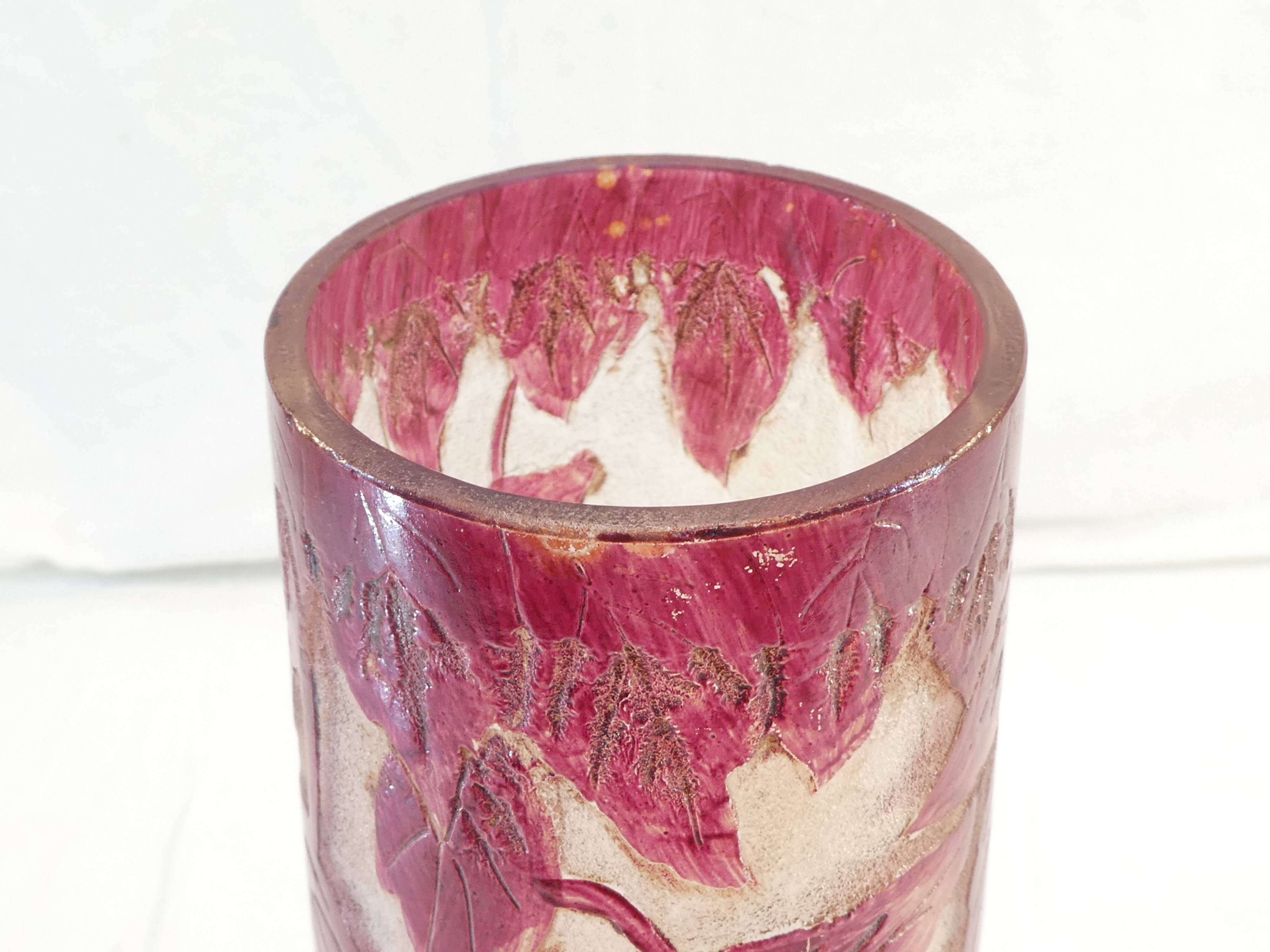 Legras vase ruby in frosted glass degagé with art nouveau acid