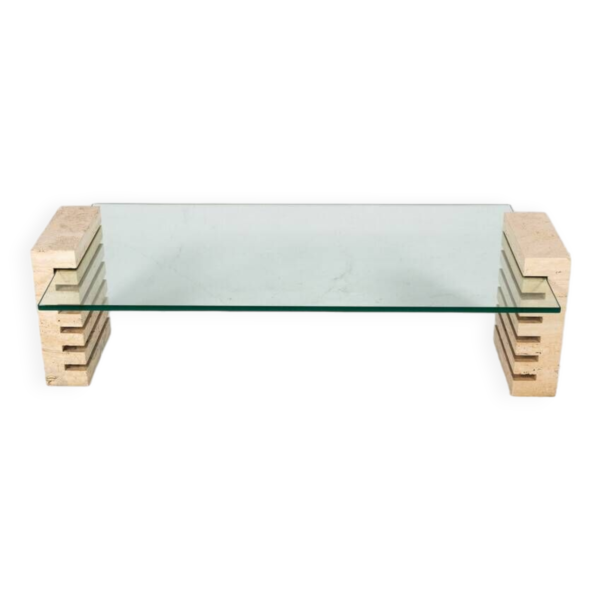 Mid-Century Modern Coffee Table, Glass and Travertine, Italy, 1970S
