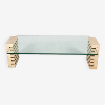 Mid-Century Modern Coffee Table, Glass and Travertine, Italy, 1970S
