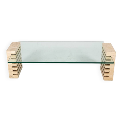 Mid-Century Modern Coffee Table, Glass and Travertine, Italy, 1970S