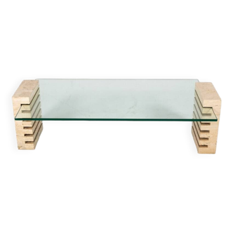 Mid-Century Modern Coffee Table, Glass and Travertine, Italy, 1970S