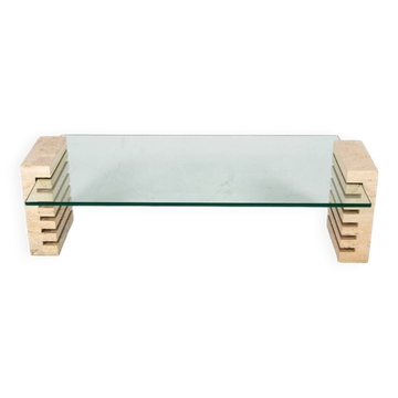 Mid-Century Modern Coffee Table, Glass and Travertine, Italy, 1970S