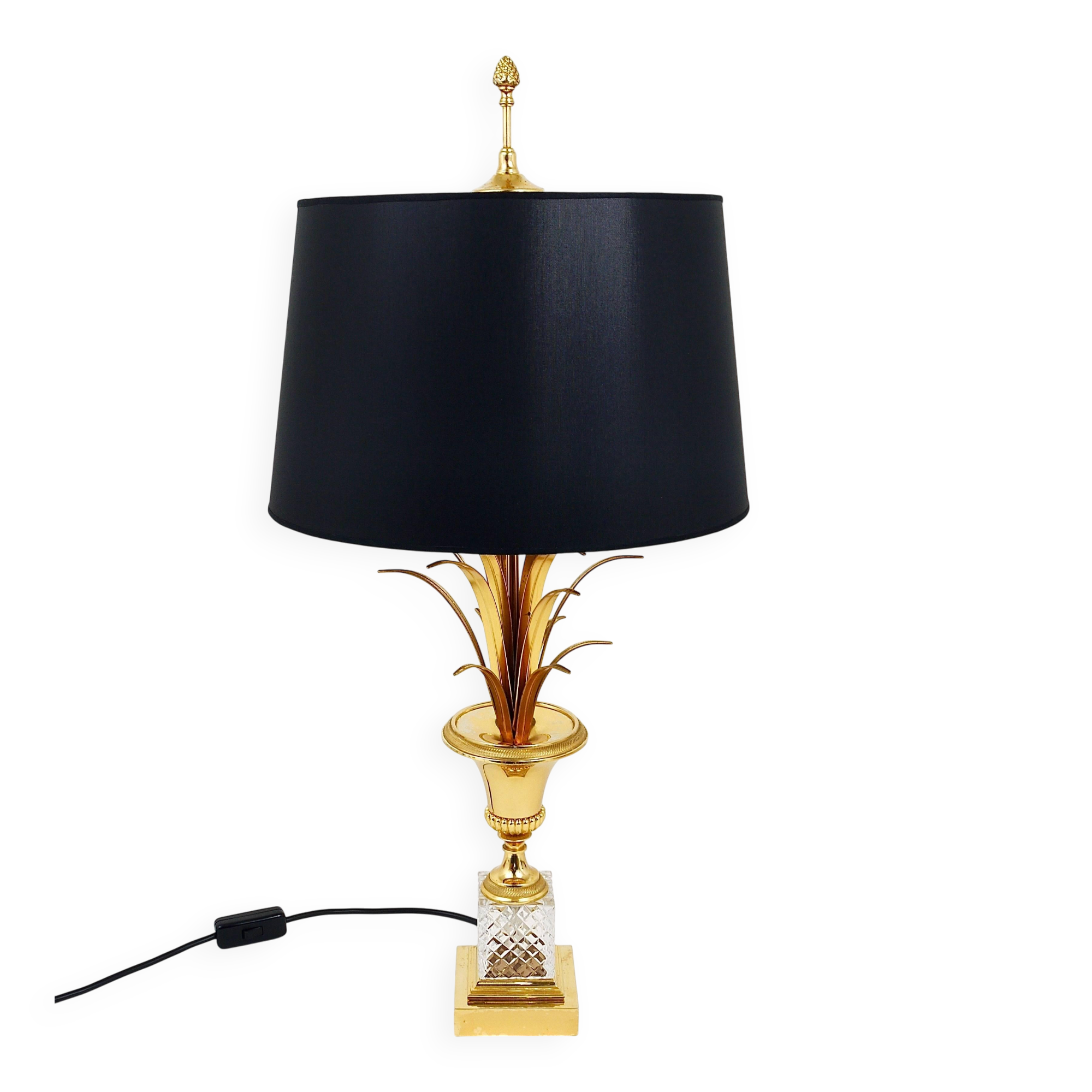 Lampe de table Hollywood Regency feuille d'ananas en laiton doré et verre, France, années 1970