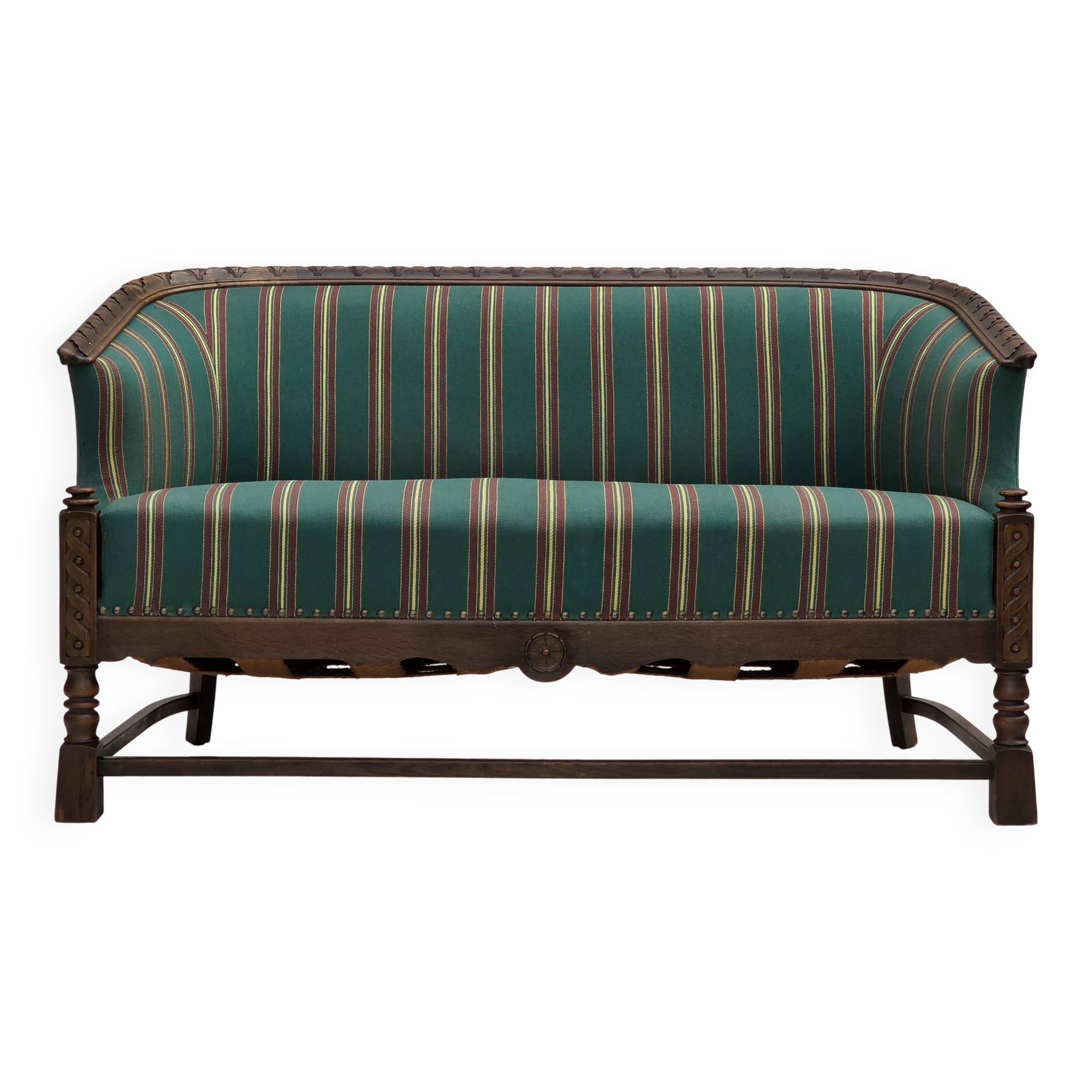 1950s, Danish 2-seater sofa, green furniture wool, oak wood.