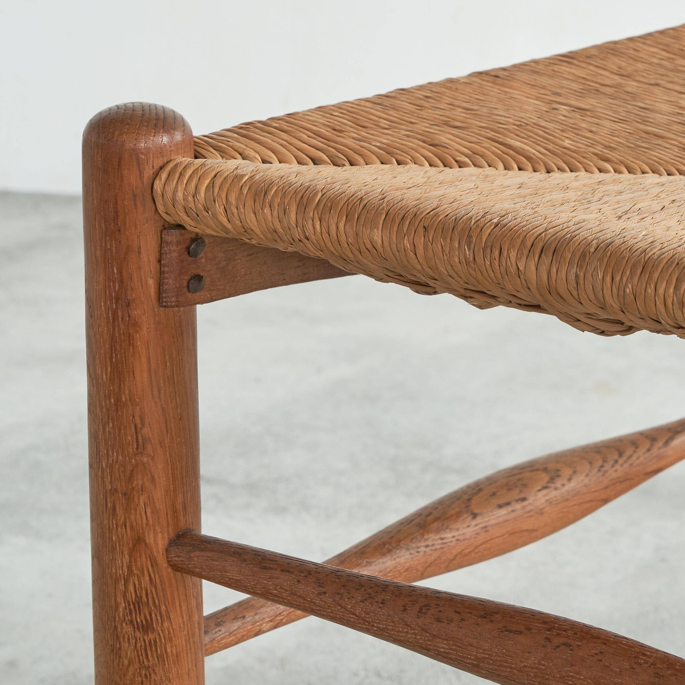 6 solid oak and woven bamboo chairs, mid-century, 1950s