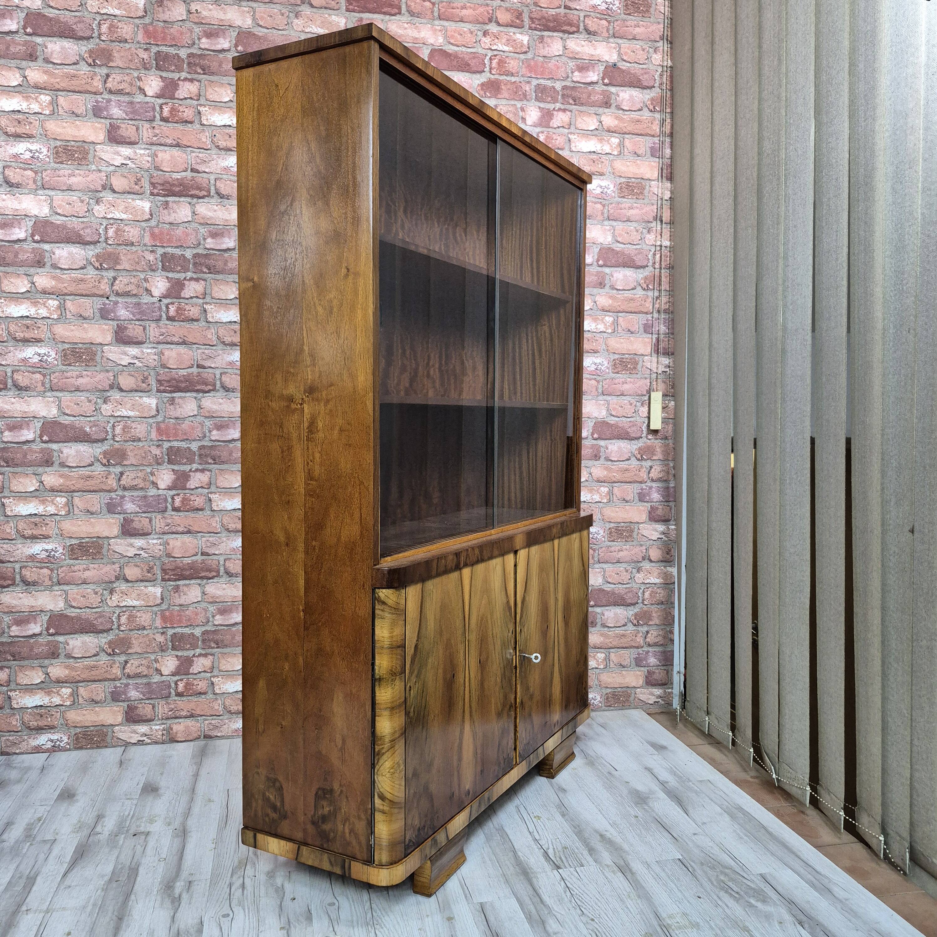Restored 1950s Art Deco Style Bookcase Display Cabinet with Flame Veneer