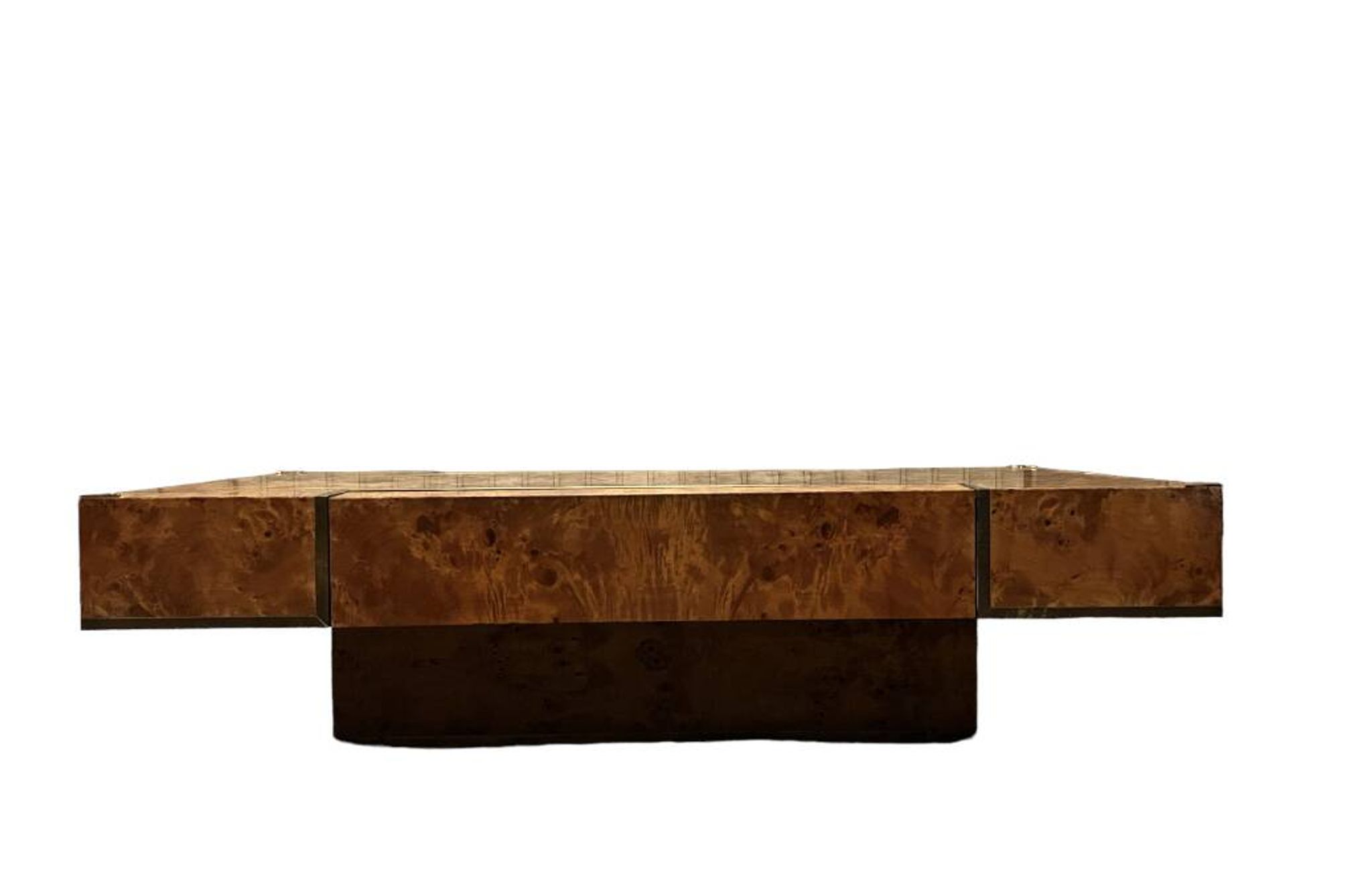 designer coffee table in elm burl with integrated drawers, Roche Bobois 1970