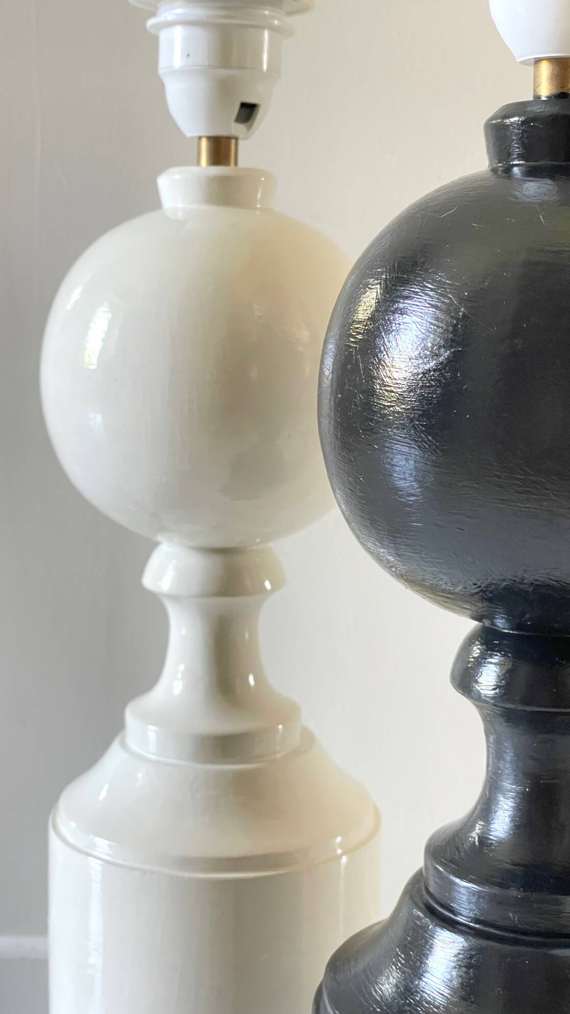 2 large black and white turned wood vintage lamp bases.
