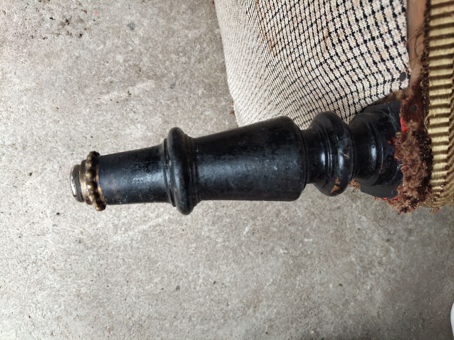 Antique brown velvet tub chair – turned legs and brass rings.