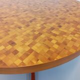 Vintage round dining table from the 60s 70s in solid wood mosaic teak and walnut with extension
