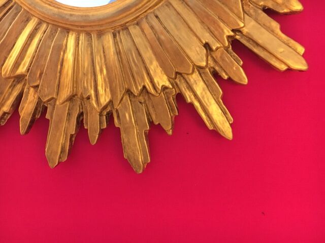 Mirror sun gilded wood leaf, 52 cm double shelving