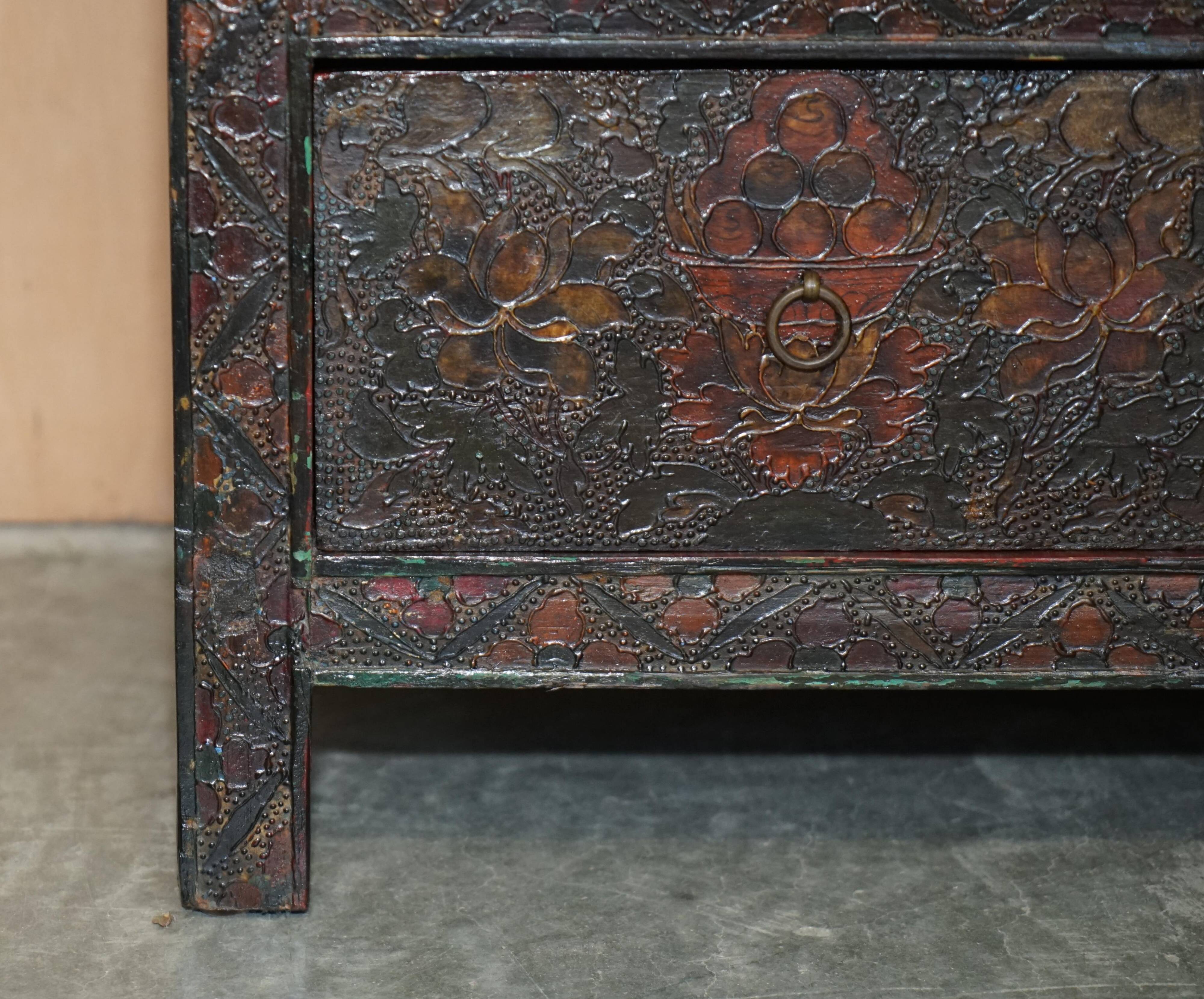 Antique polychrome Tibetan altar cabinet with deer and flowers.