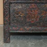 Antique polychrome Tibetan altar cabinet with deer and flowers.