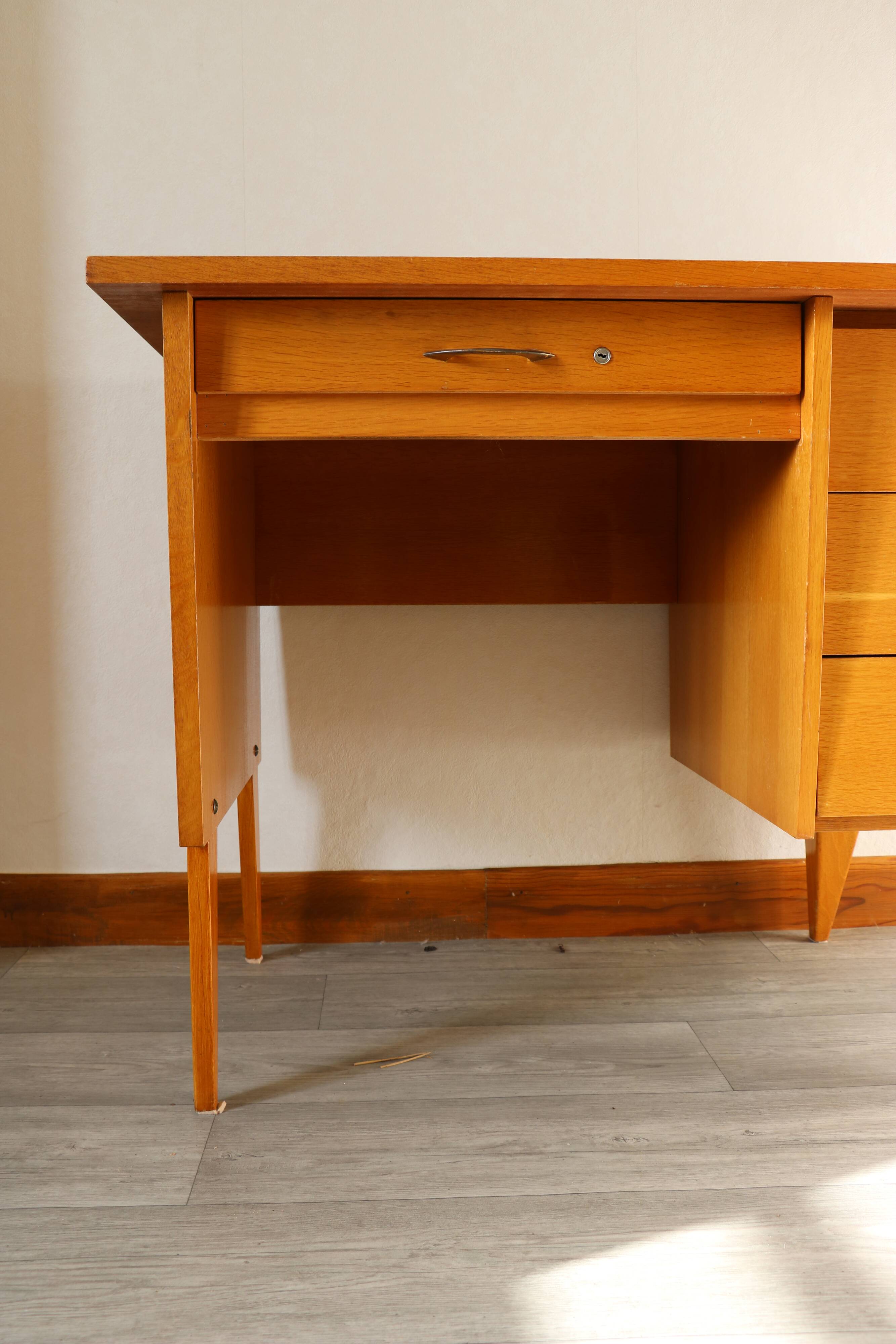 Oak desk, splayed legs, drawers, 1960.