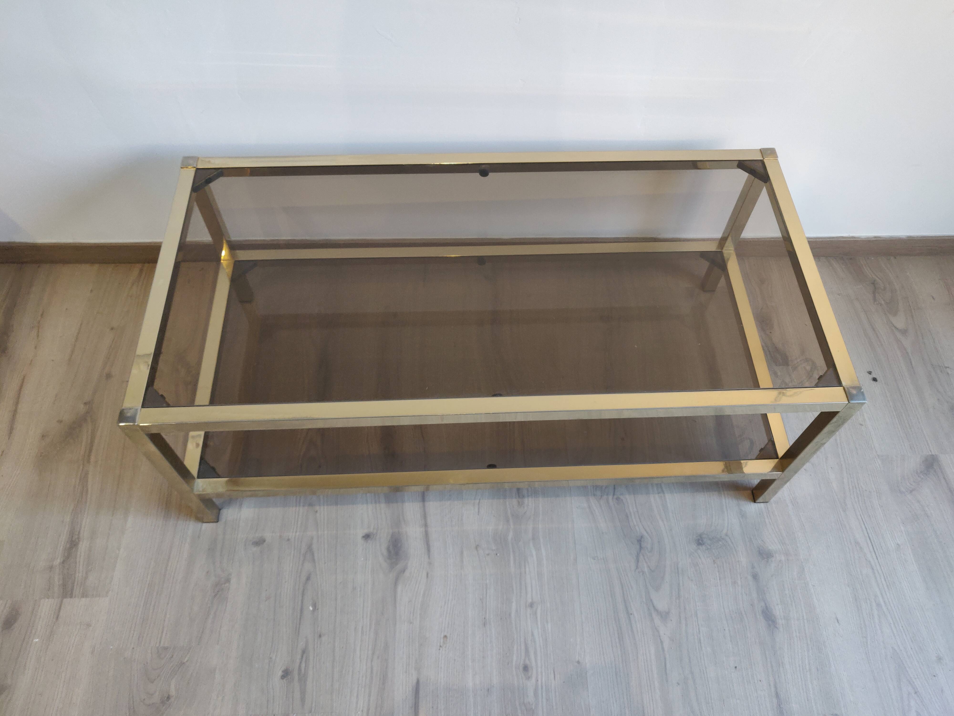 Coffee table in gilded brass smoked glass design 1970s