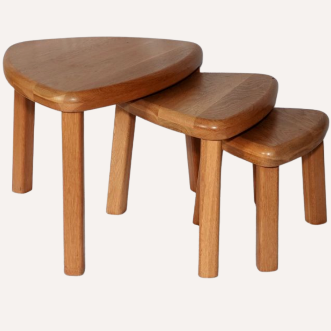 Brutalist oak organic curved oval side or nesting tables, Dutch ca 1960