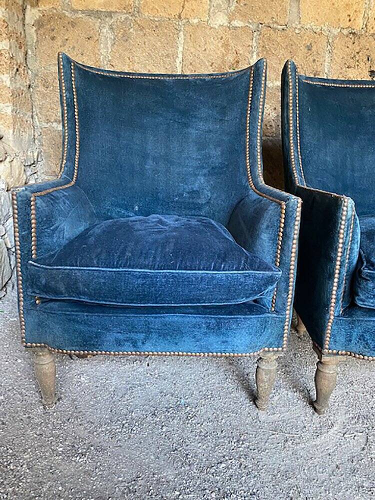 Art Deco pair of walnut and blue velvet chairs, set of 2, 1920s