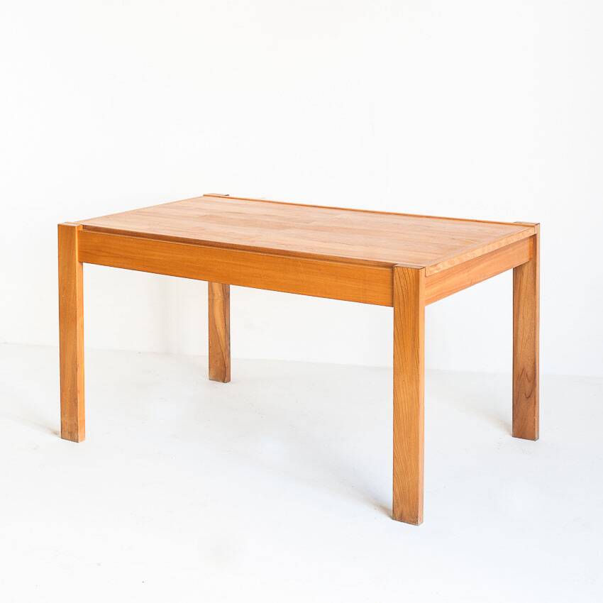 Extendable table and 4 chairs set with a rationalist design in solid elm wood. France, 70's