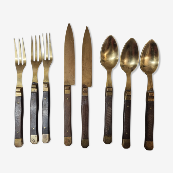 Set of cutlery for dessert, wood & bronze