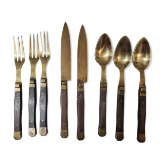 Set of cutlery for dessert, wood & bronze