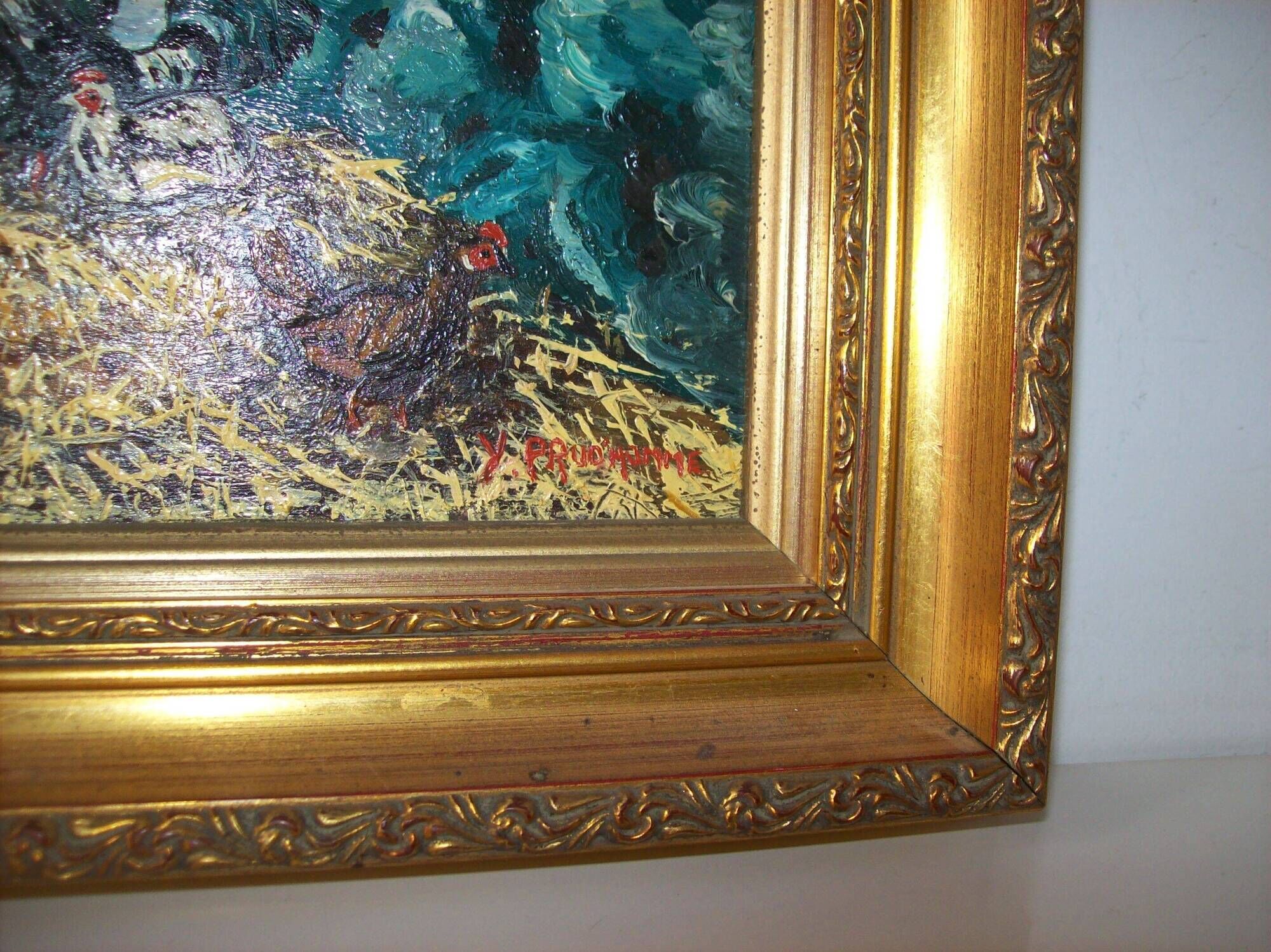 Oil on wood panel rooster and hens signed