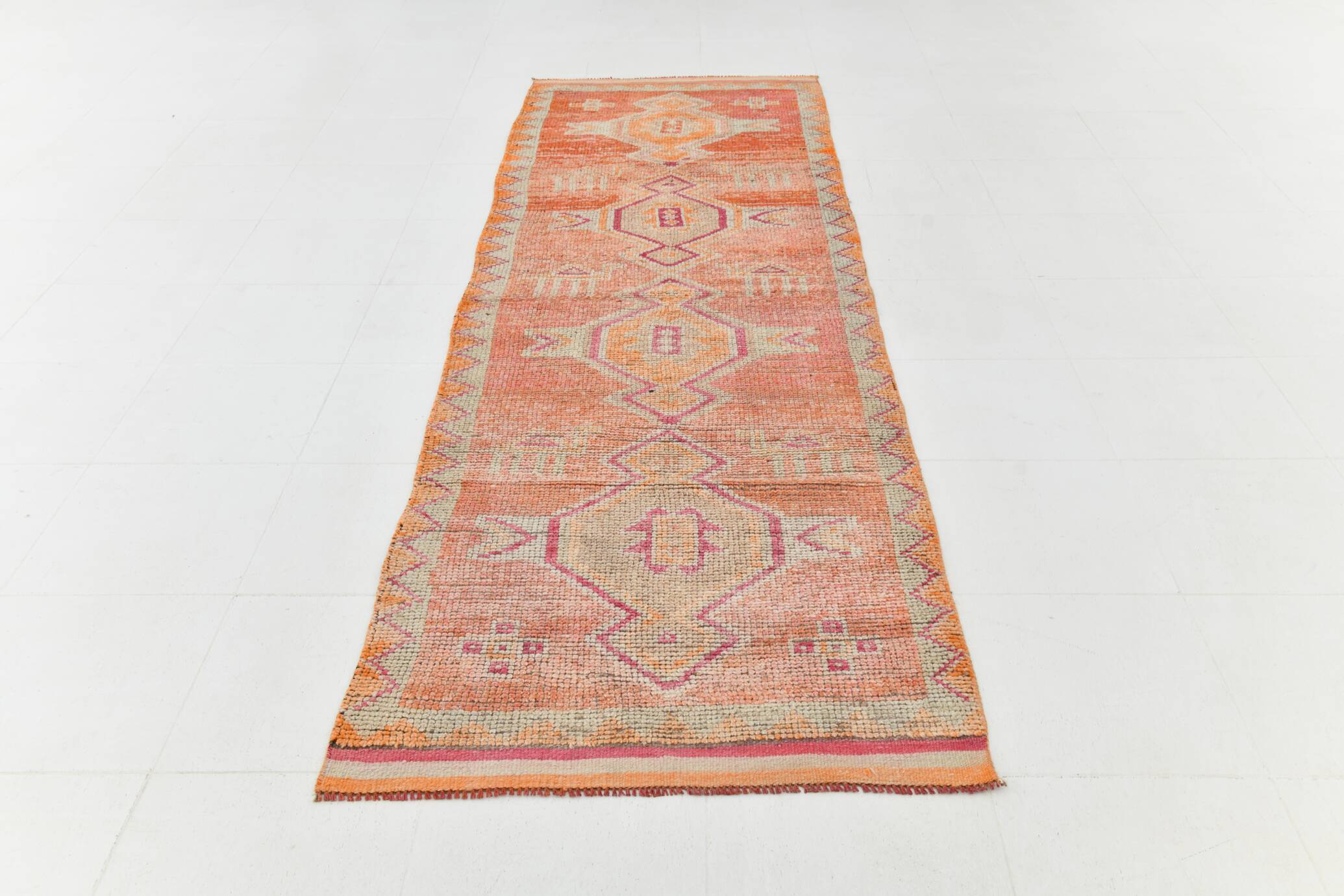 3x10 Coral Orange & Red Turkish Vintage Runner Rug, 98x322Cm