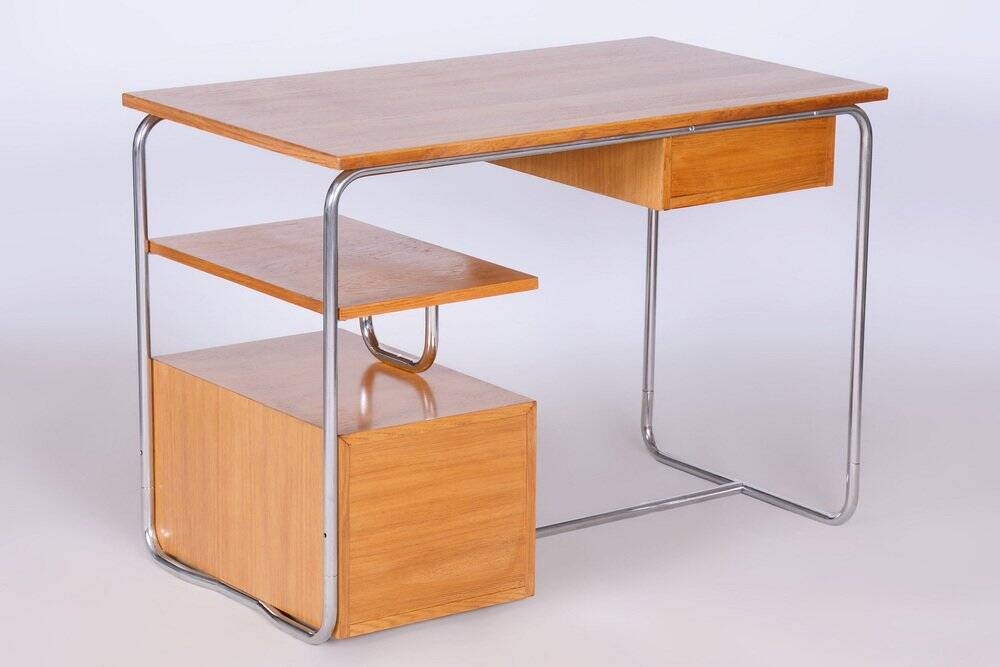 Bauhaus Writing Desk in Oak, Chrome-Plated Steel, Germany, 1930s