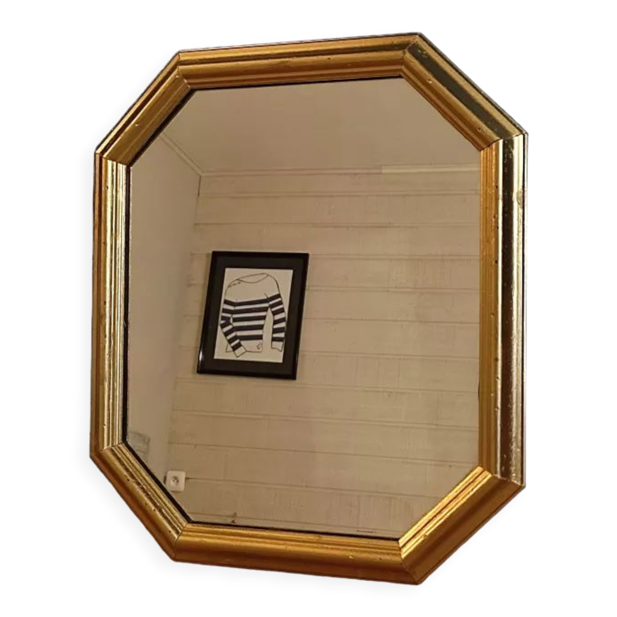 Hexagonal mirror golden carved solid wood frame