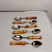 Lot de 6 cuillères à dessert vintage à manches bambou