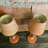 Pair of antique turned wood bedside lamps with push button switch