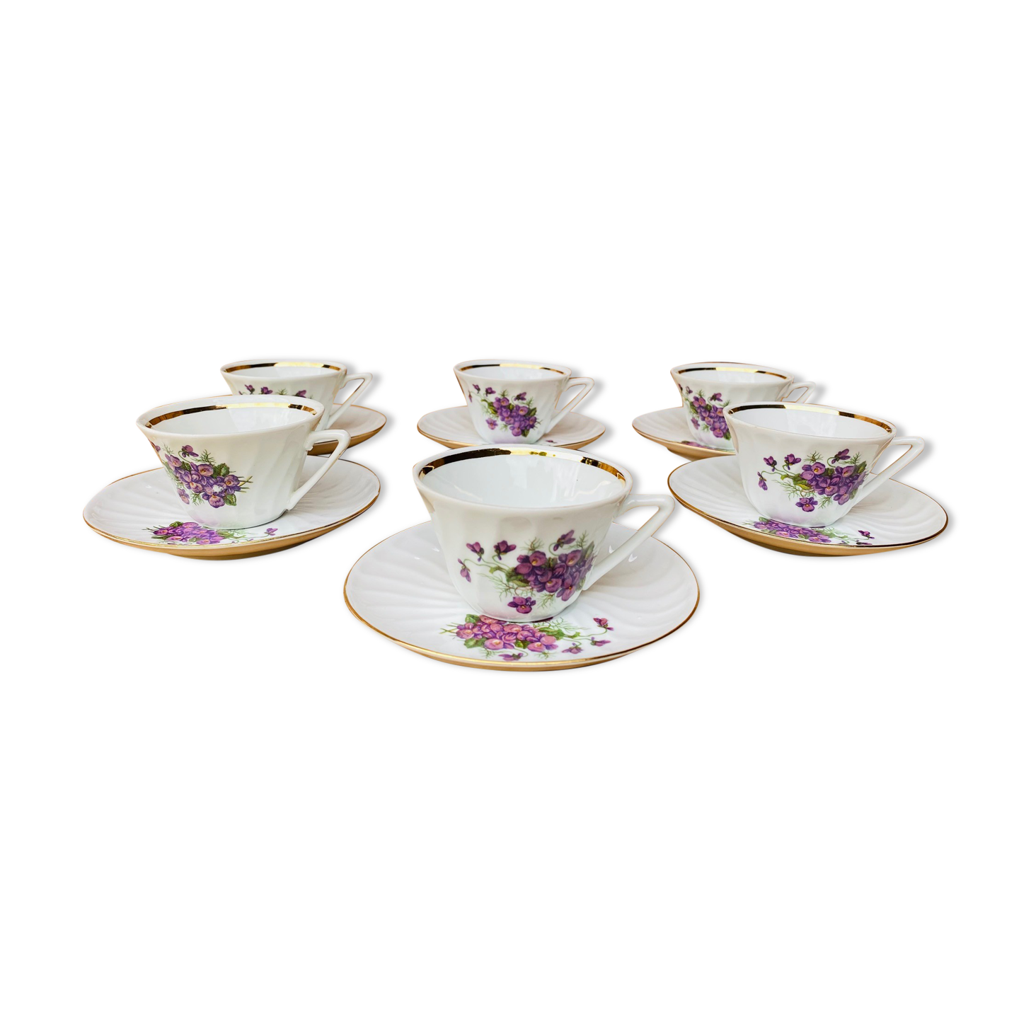 Set of 6 cups and under coffee cups in fine porcelain from Chauvigny, made in France.