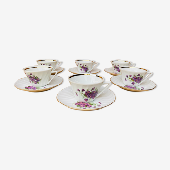 Lot de 6 tasses et sous tasses à café en porcelaine fine de Chauvigny, made in France.