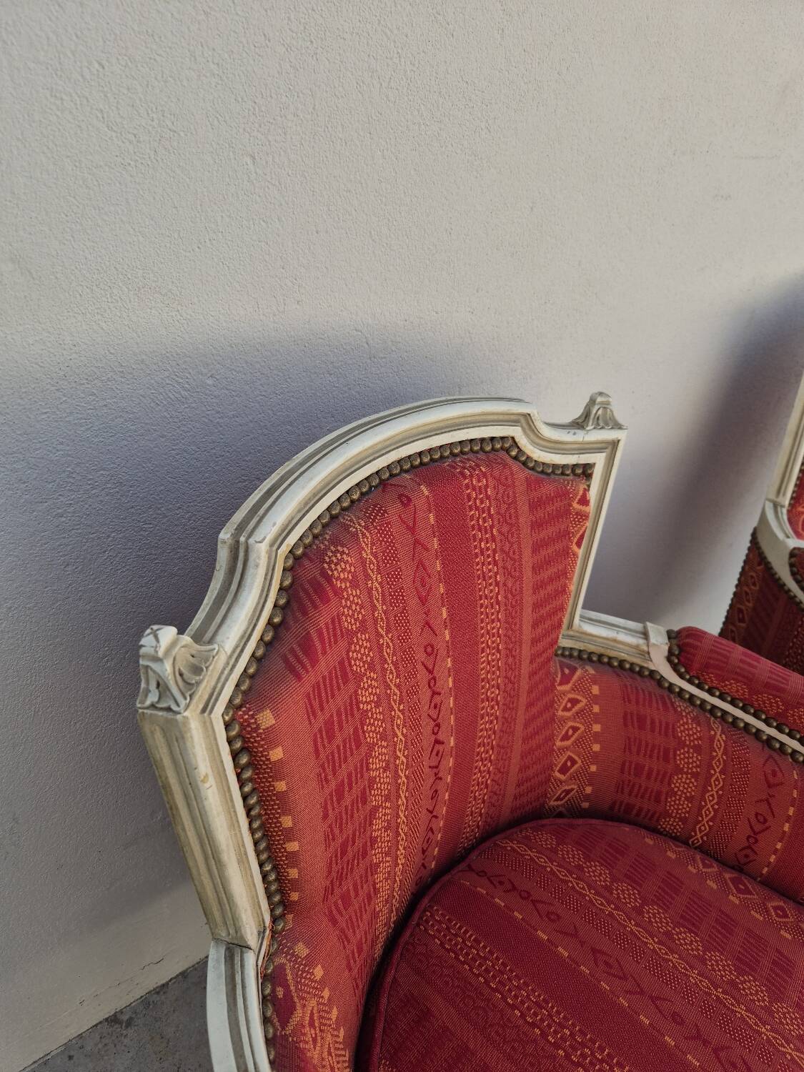 Pair of Louis XVI style bergère armchairs, antique.