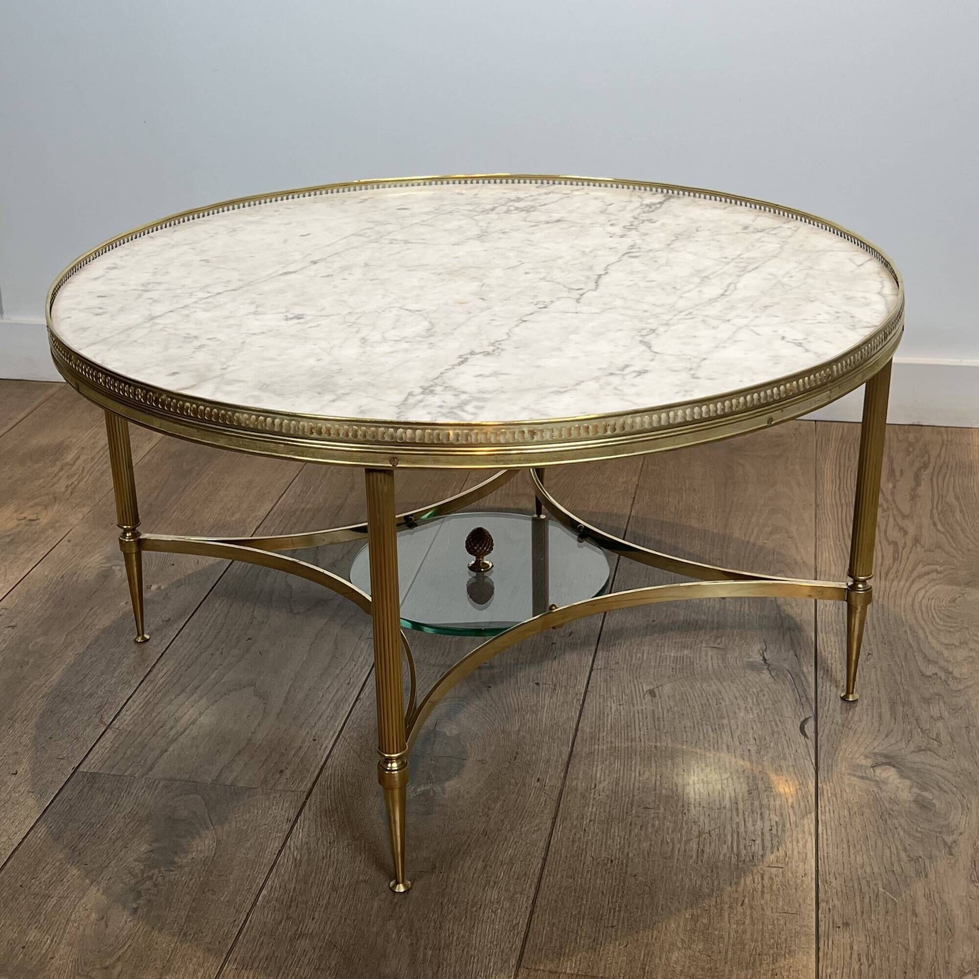 Neoclassical Round Coffee Table in Brass with Beaded Gallery. Marble Top