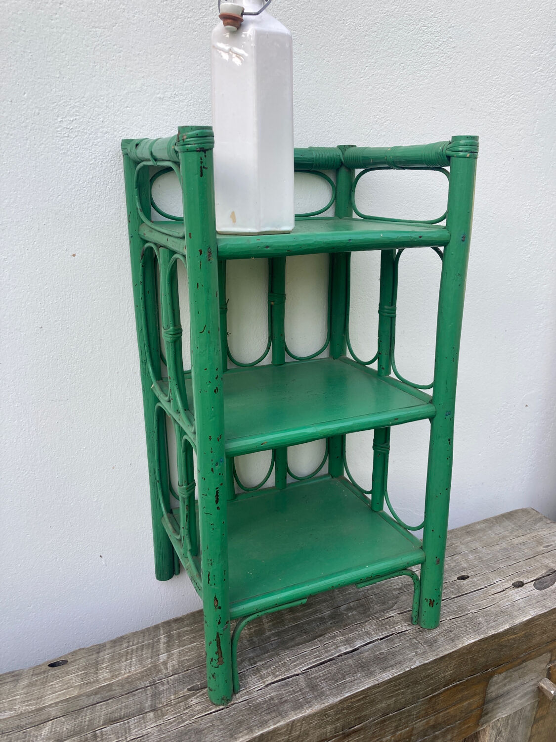 Vintage green rattan bedside table