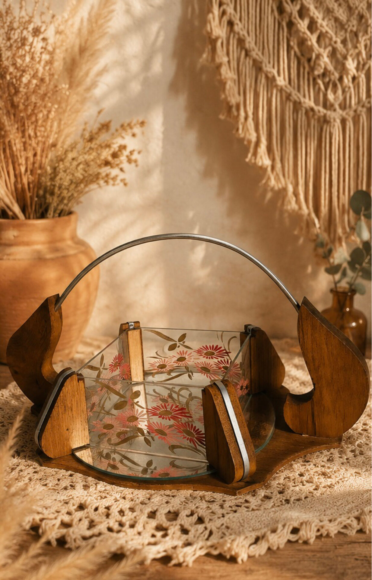 Vintage painted glass tray, wood and mirror