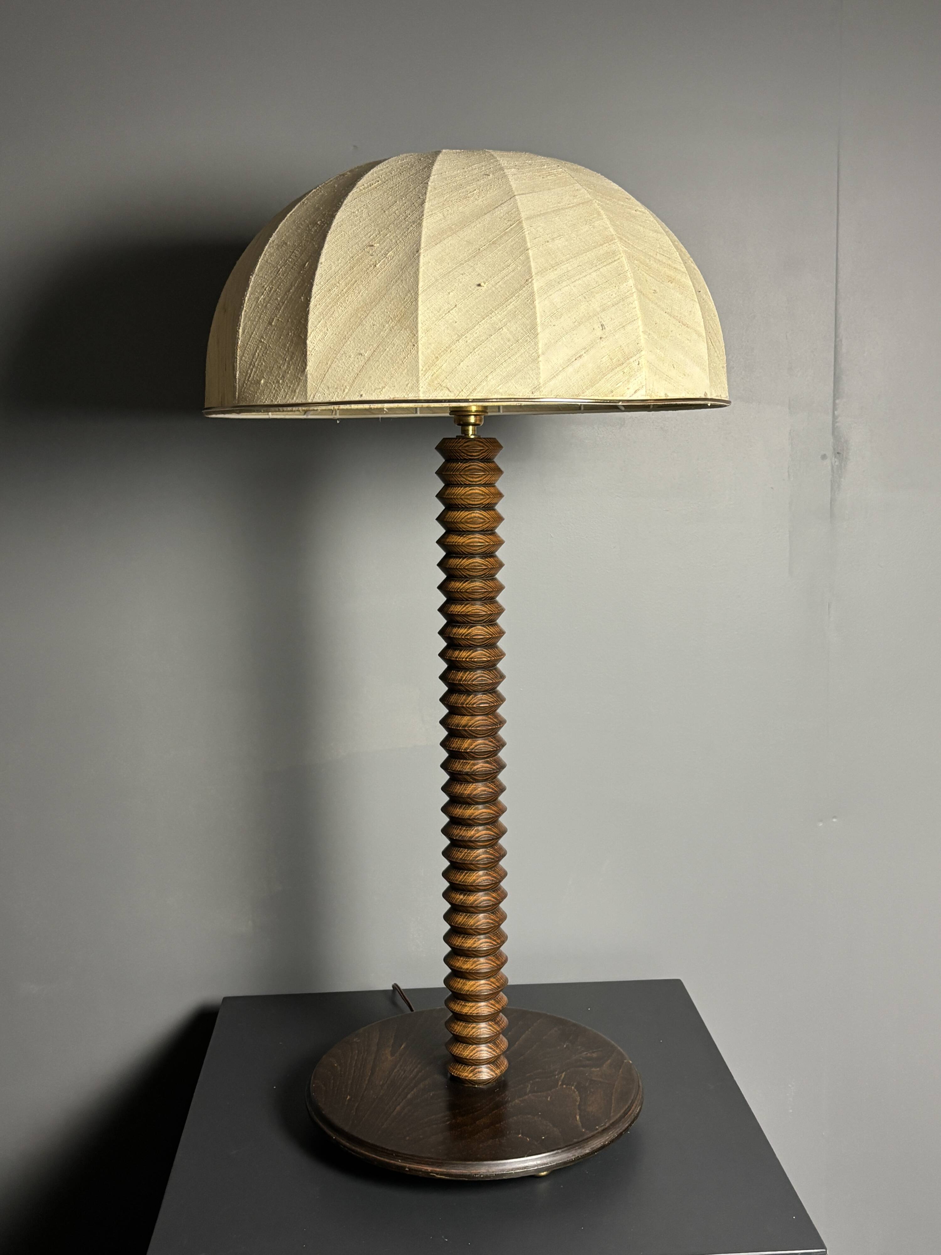 Large 95 cm midcentury brutalist wood turned mushroom table lamp, 1950s